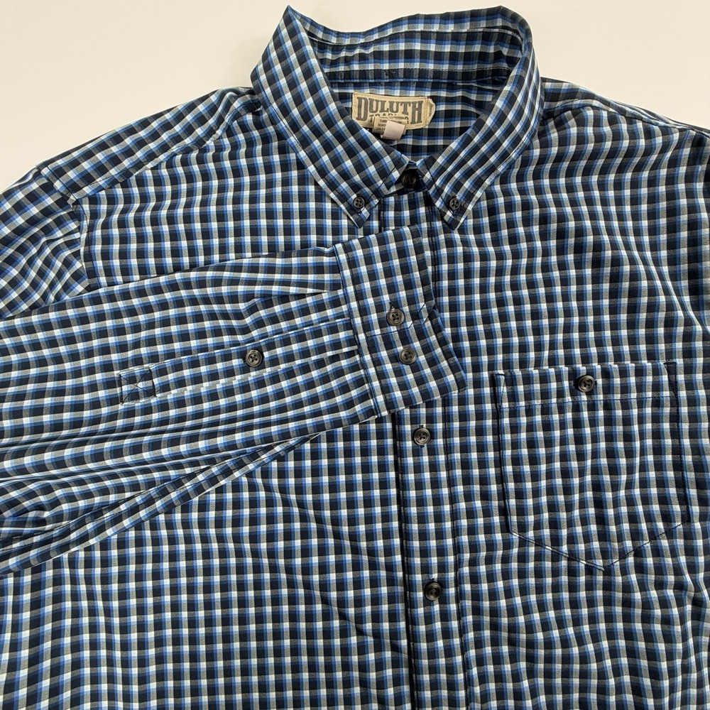 Duluth Trading Co Blue Plaid Button Down Shirt Men's XL Stretch Work